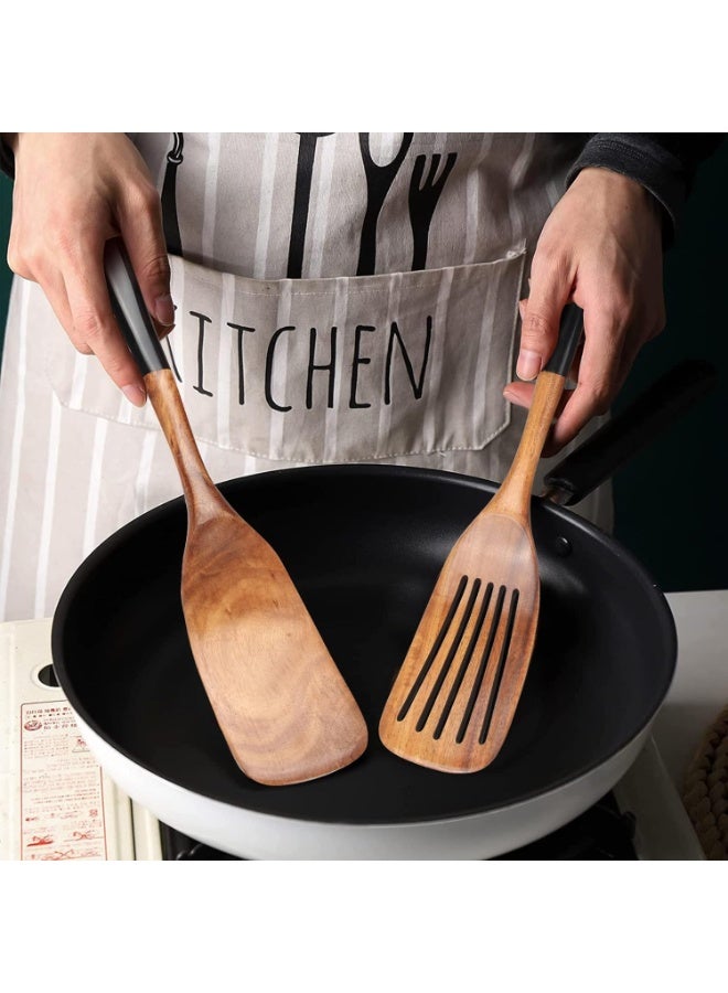 Wooden Spatula Set, Wooden Cookwares, Non-Toxic Kitchen Utensils, Natural Bamboo Spoons for Flipping Pancakes, Stir-frying with Wok, Fish  Eggs, Slotted and Flat Design (2-Pieces) - Image 2